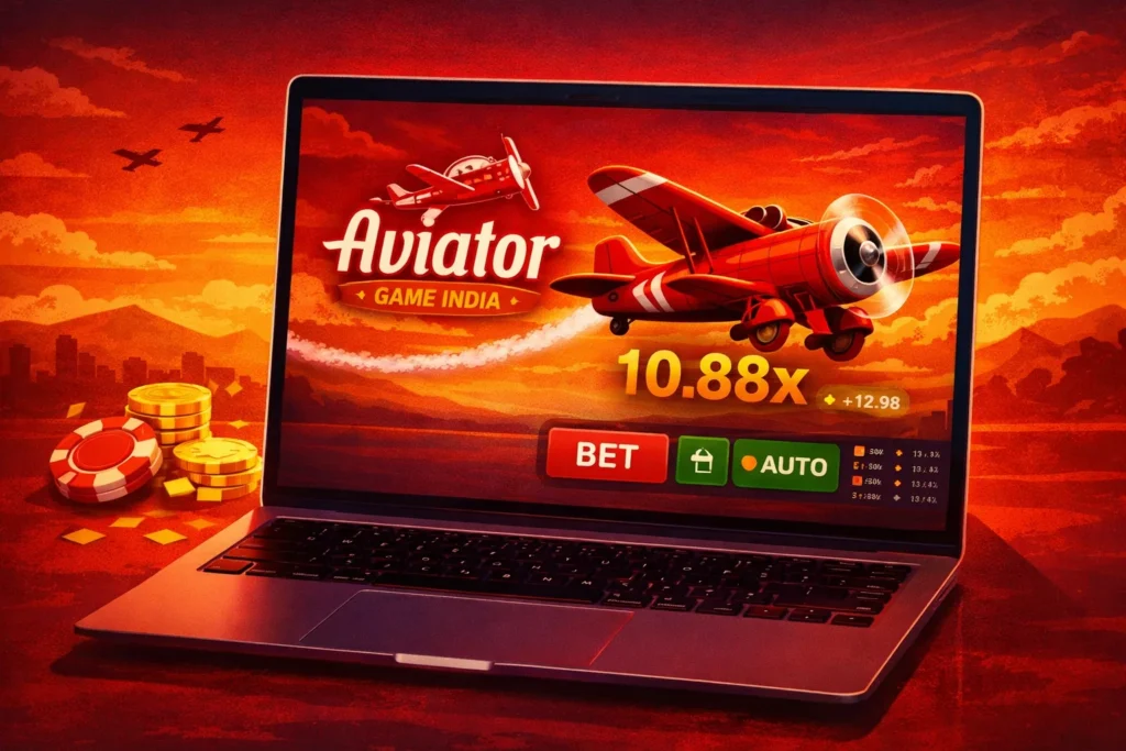 Silver laptop displaying the Aviator GAME INDIA online casino game interface with red biplane flying across fiery sunset, prominent 10.88x multiplier in yellow, red BET button, green AUTO button, +12.98 win amount and live statistics panel, gold coins and poker chip placed next to the laptop for promotional online betting advertisement