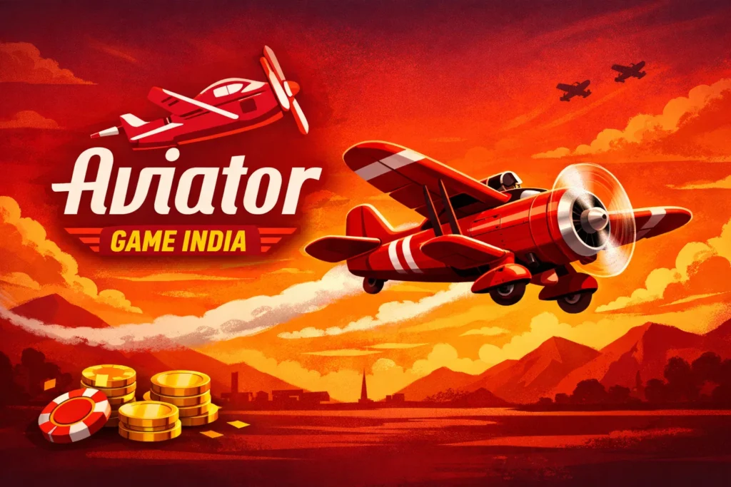 Promotional illustration for Aviator GAME INDIA showing a large red biplane flying powerfully through a fiery orange-red sunset sky with spinning propeller and white contrail, smaller red plane above, distant planes in background, stacks of gold coins and casino chip in foreground, large white 'Aviator' text and yellow 'GAME INDIA' logo for online crash betting game advertisement
